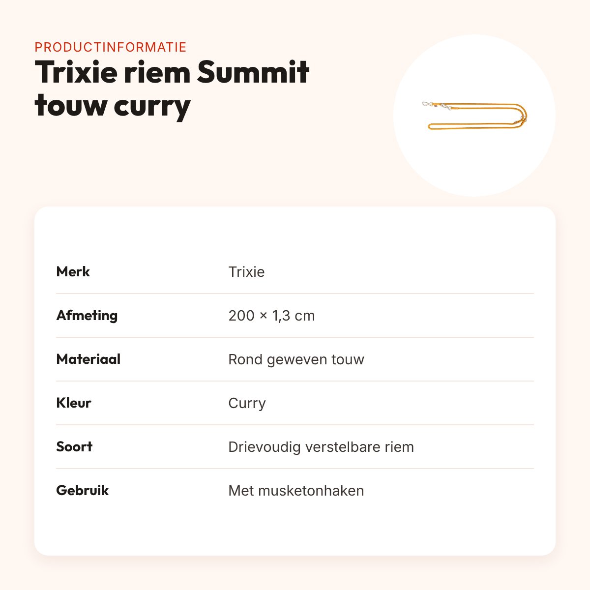 Trixie hondenriem Summit verstelbaar rond touw curry 200 x 1,3 cm – productinformatie