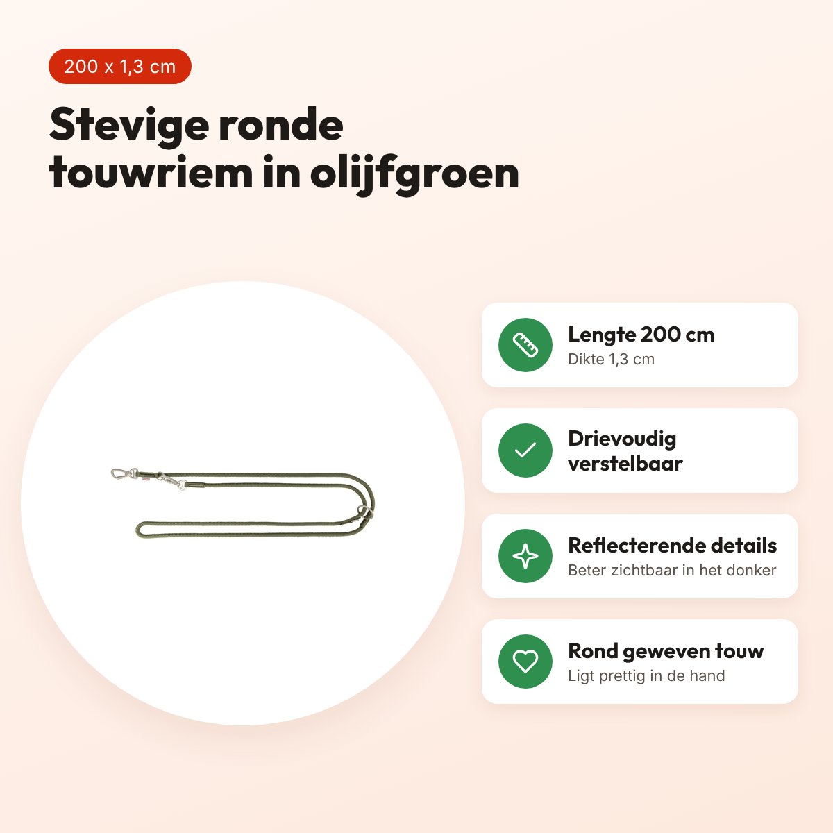 Trixie hondenriem Summit verstelbaar rond touw olijfgroen 200 x 1,3 cm – voordelen