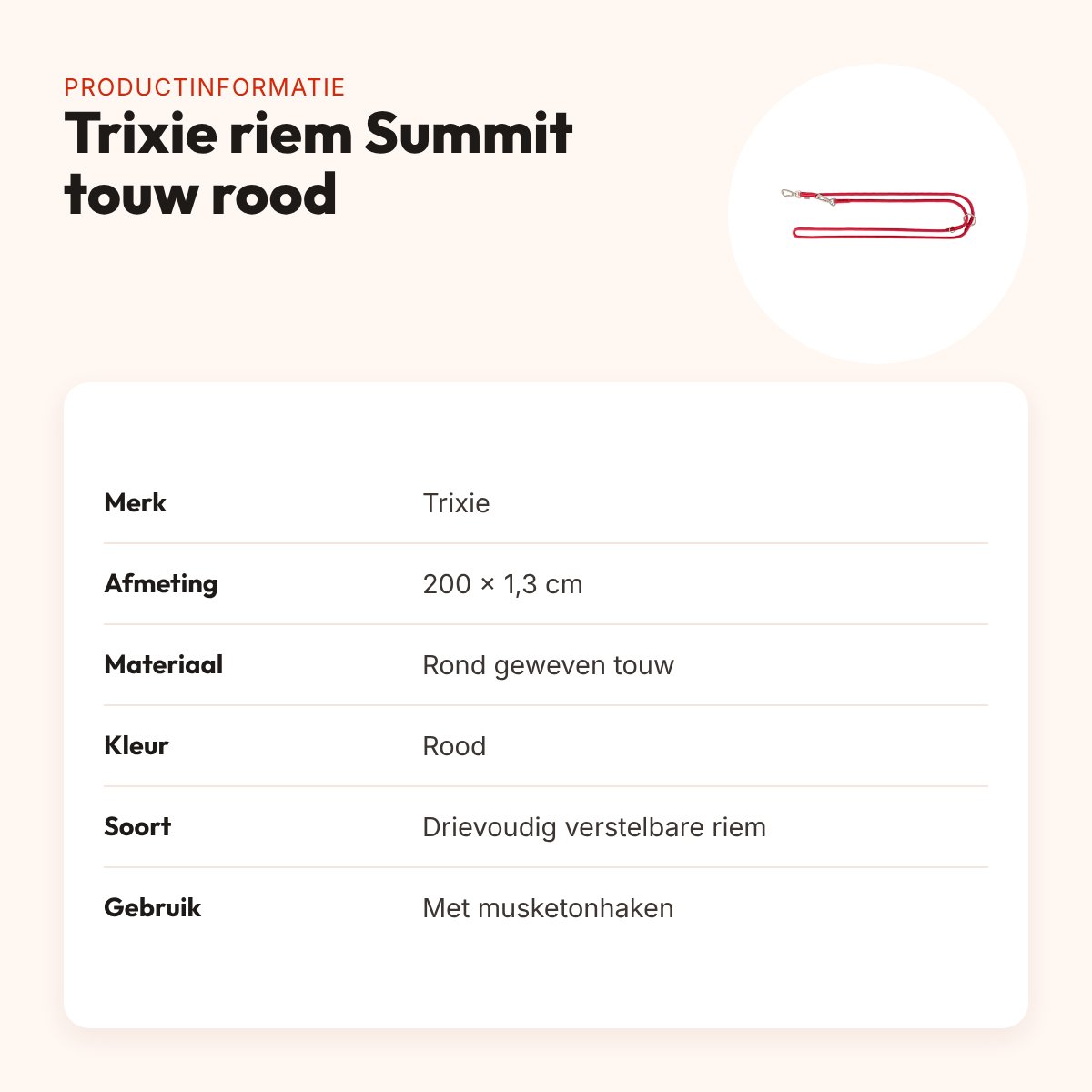 Trixie hondenriem Summit verstelbaar rond touw rood 200 x 1,3 cm – productinformatie