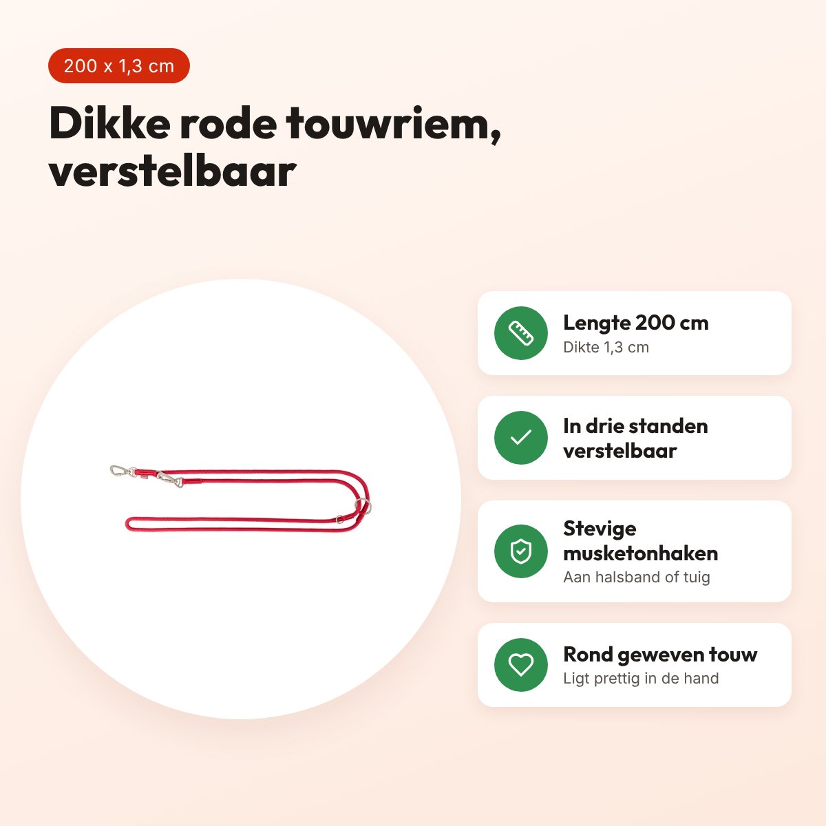 Trixie hondenriem Summit verstelbaar rond touw rood 200 x 1,3 cm – voordelen