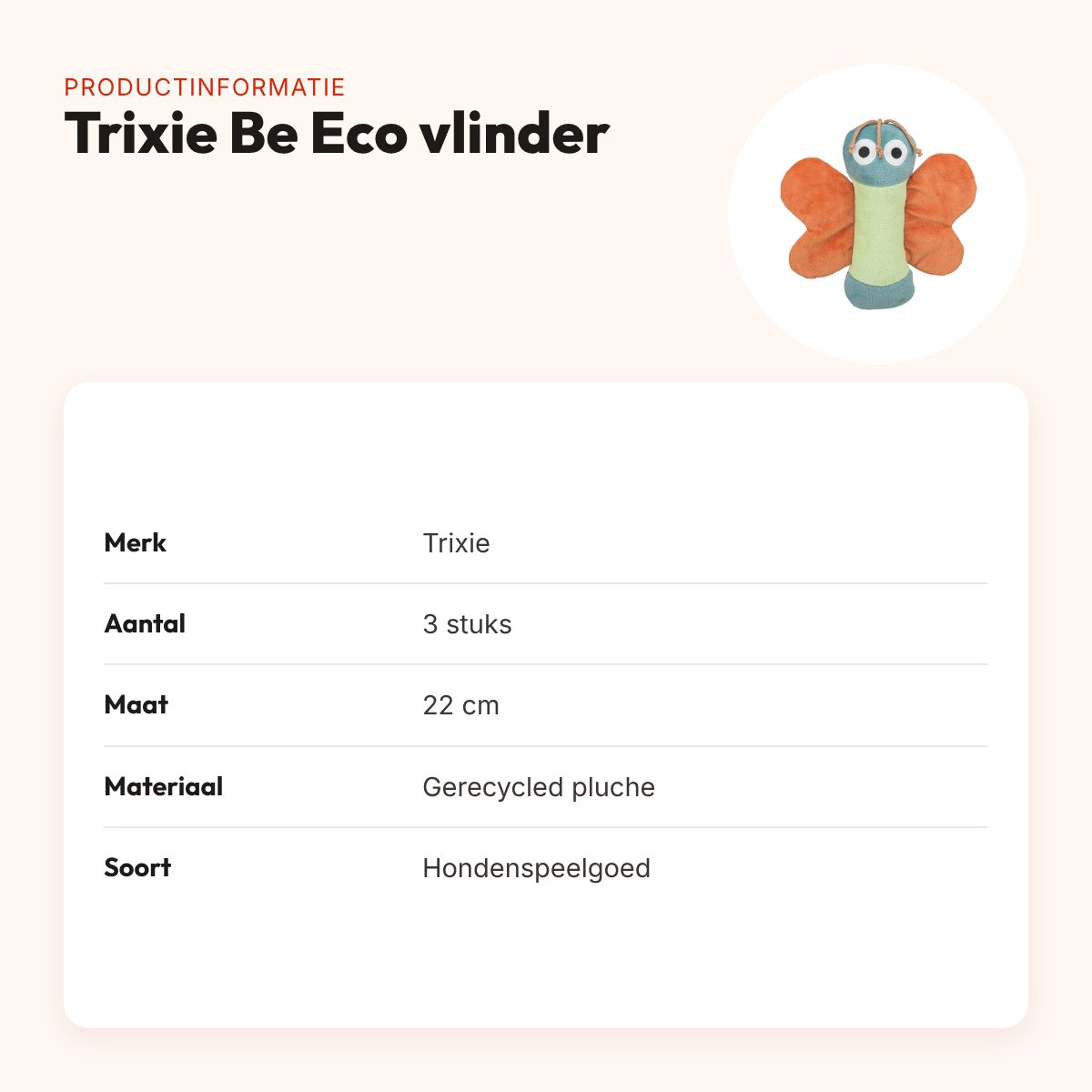 Trixie hondenspeelgoed Be Eco vlinder gerecycled pluche 22 cm – 3 stuks – productinformatie