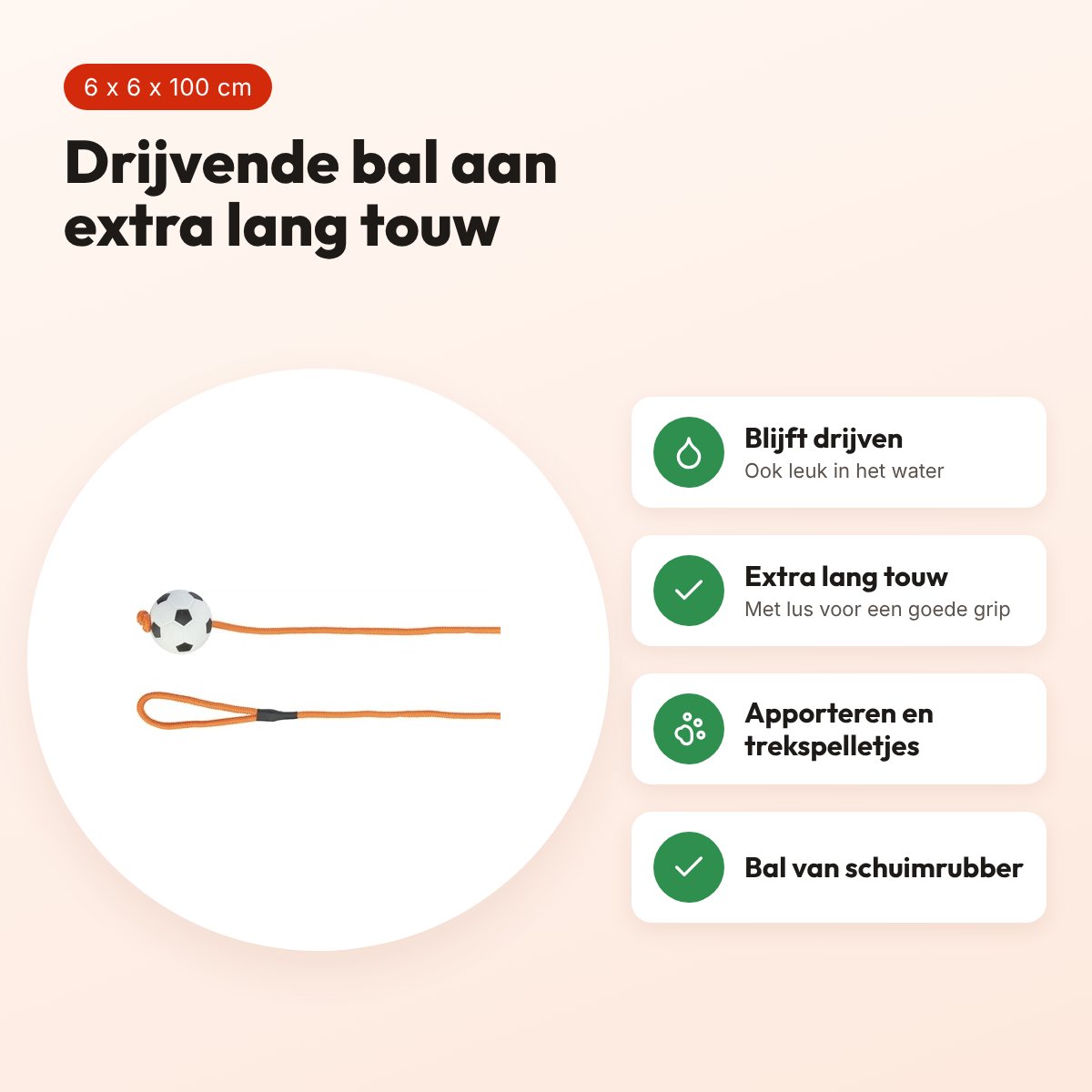Trixie hondenspeelgoed voetbal aan touw 6 x 6 x 100 cm – drijvend – voordelen
