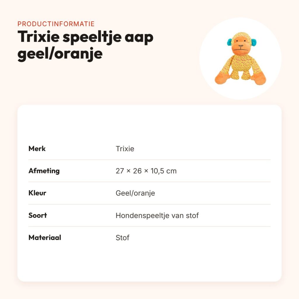 Trixie hondenspeeltje aap geel/oranje 27 x 26 x 10,5 cm – stof – productinformatie
