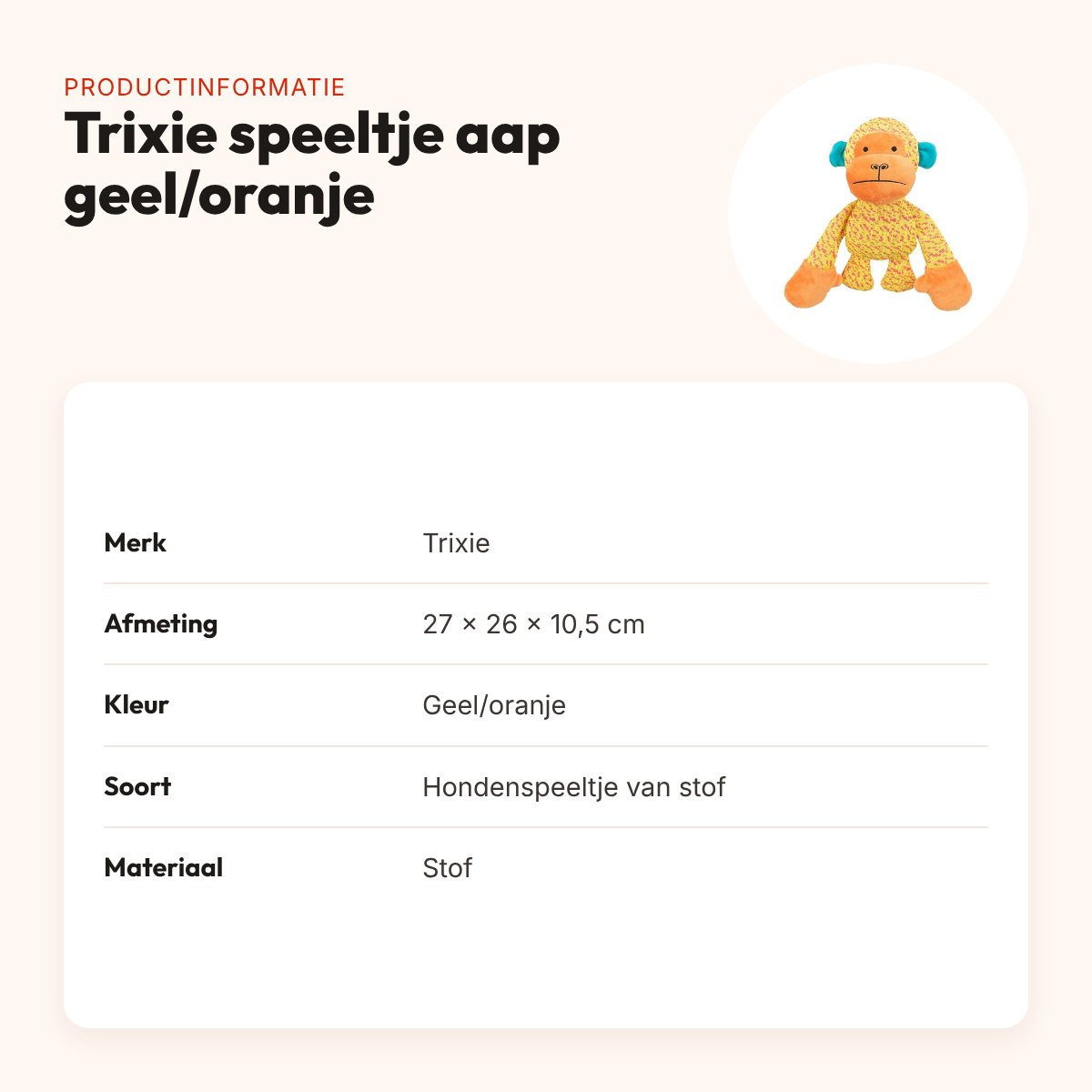 Trixie hondenspeeltje aap geel/oranje 27 x 26 x 10,5 cm – stof – productinformatie