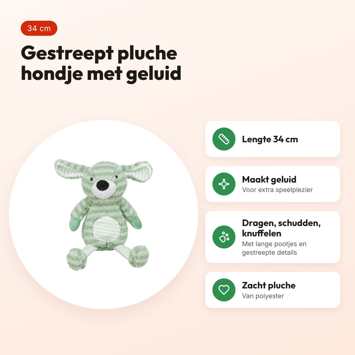 Trixie hondenspeeltje hond met strepen pluche groen 34 cm – met geluid – voordelen