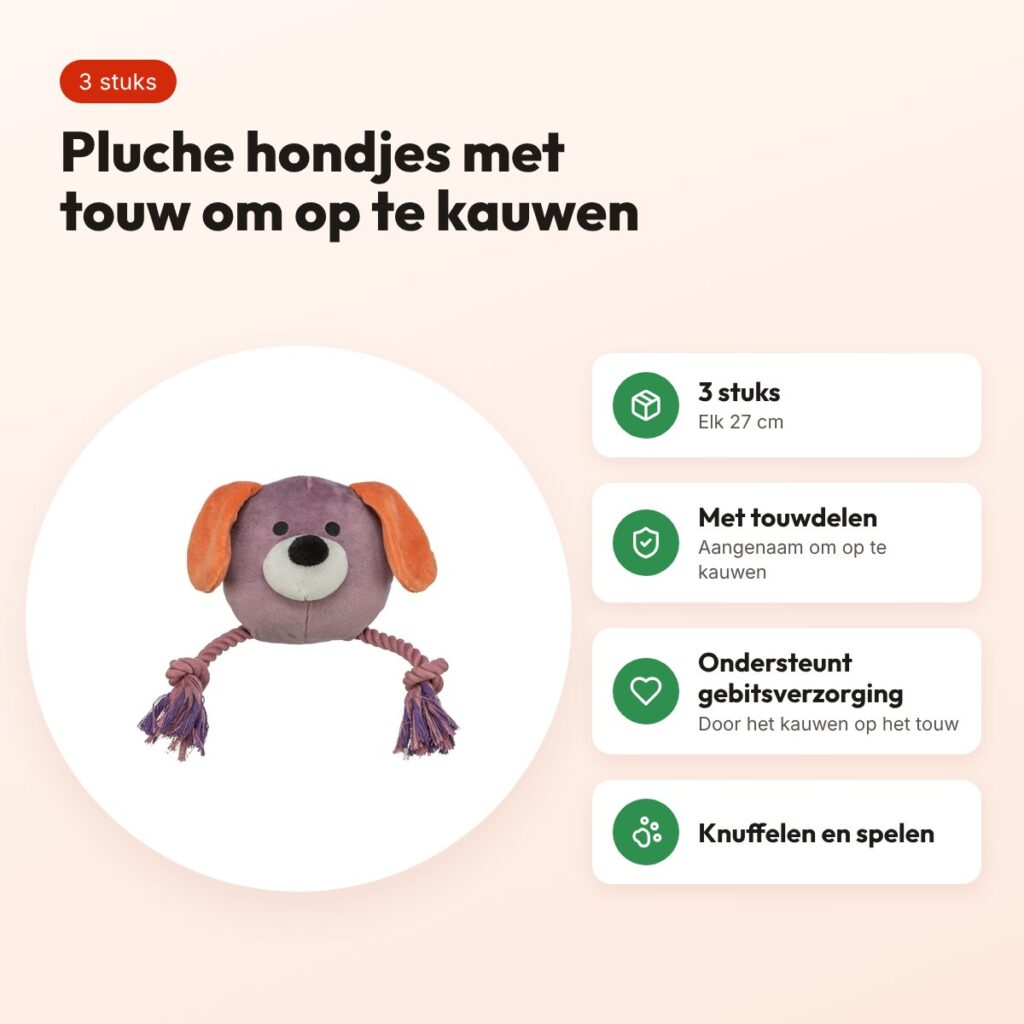 Trixie hondenspeeltje hond pluche met touw 27 cm – 3 stuks – voordelen