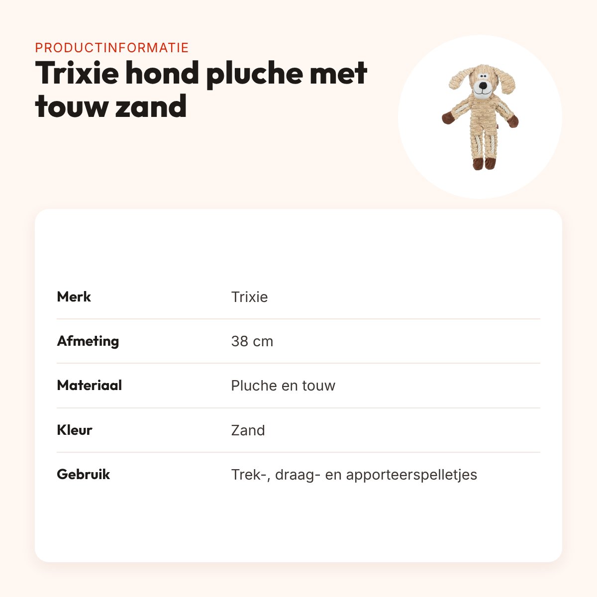 Trixie hondenspeeltje hond pluche met touw zand 38 cm – productinformatie