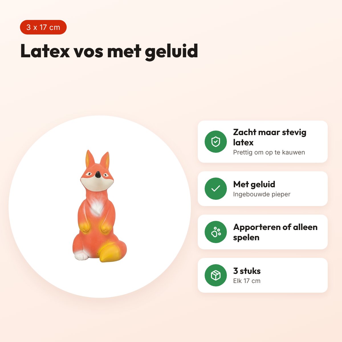 Trixie hondenspeeltje vos latex 17 cm – 3 stuks, met geluid – voordelen