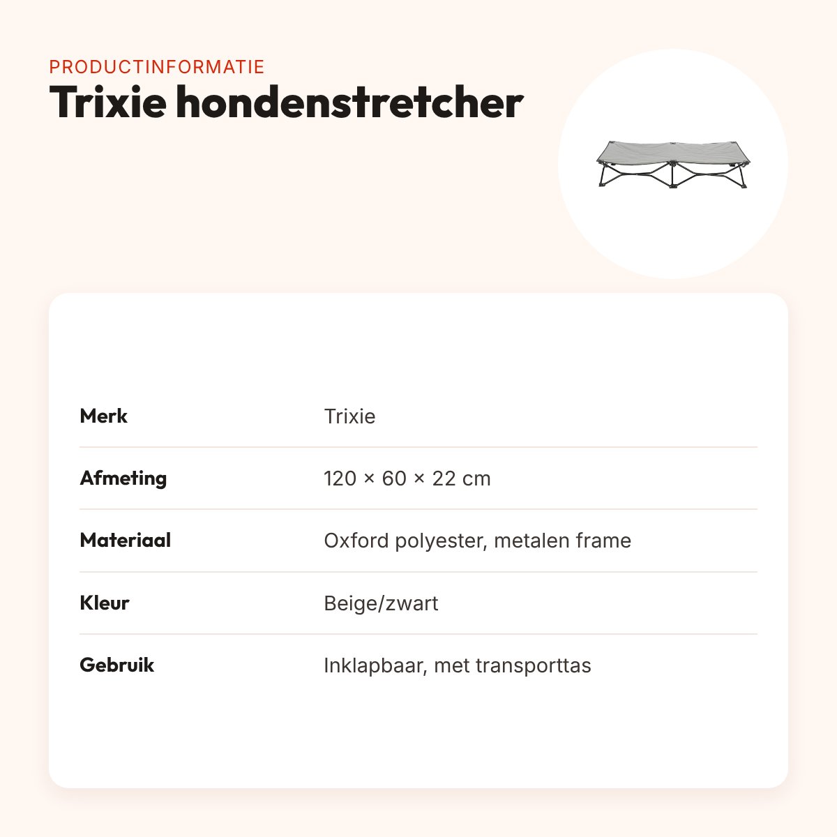 Trixie hondenstretcher beige/zwart 120 x 60 x 22 cm – inklapbaar – productinformatie