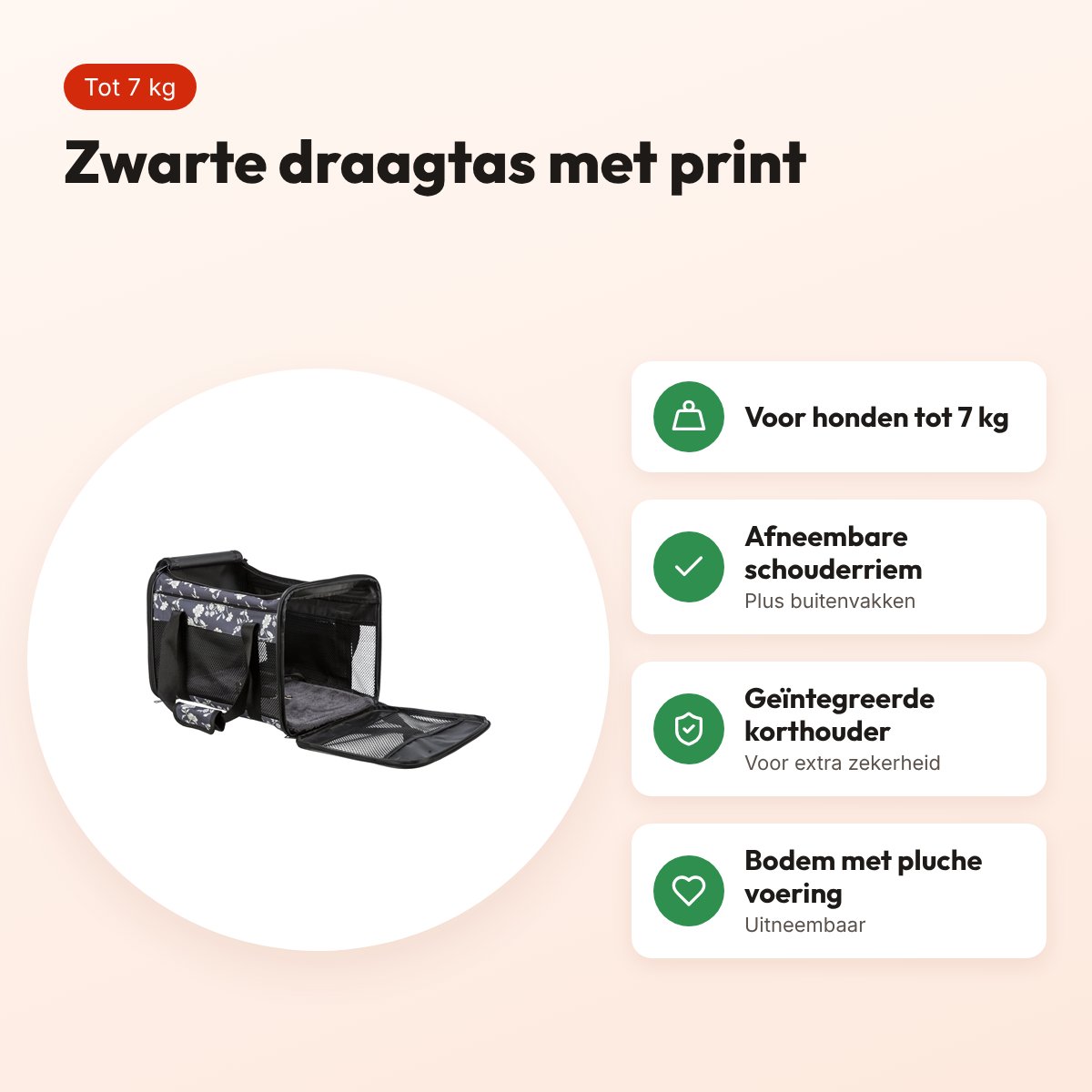 Trixie hondentas Adrina met print zwart 42 x 26 x 27 cm – tot 7 kg – voordelen