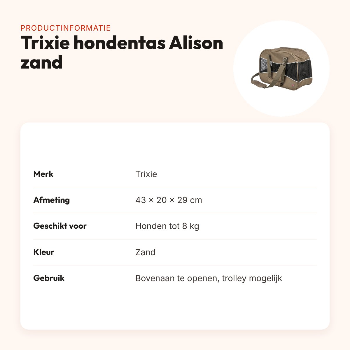 Trixie hondentas Alison zand 43 x 20 x 29 cm – vormvast, tot 8 kg – productinformatie