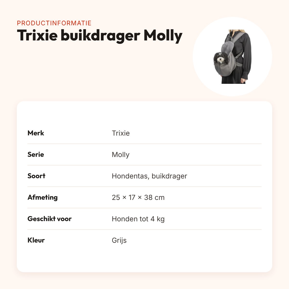 Trixie hondentas buikdrager Molly grijs 25 x 17 x 38 cm – tot 4 kg – productinformatie
