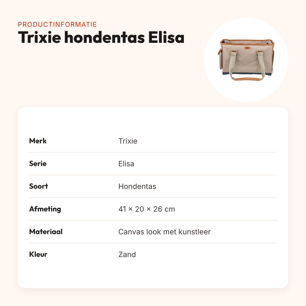 Trixie hondentas Elisa zand 41 x 20 x 26 cm – canvas look – productinformatie