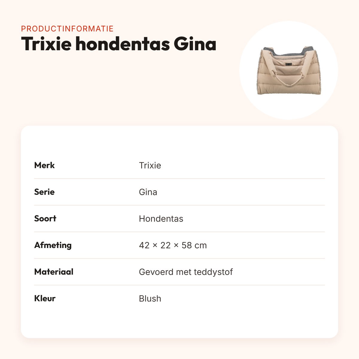 Trixie hondentas Gina blush 42 x 22 x 58 cm – gevoerd met teddystof – productinformatie