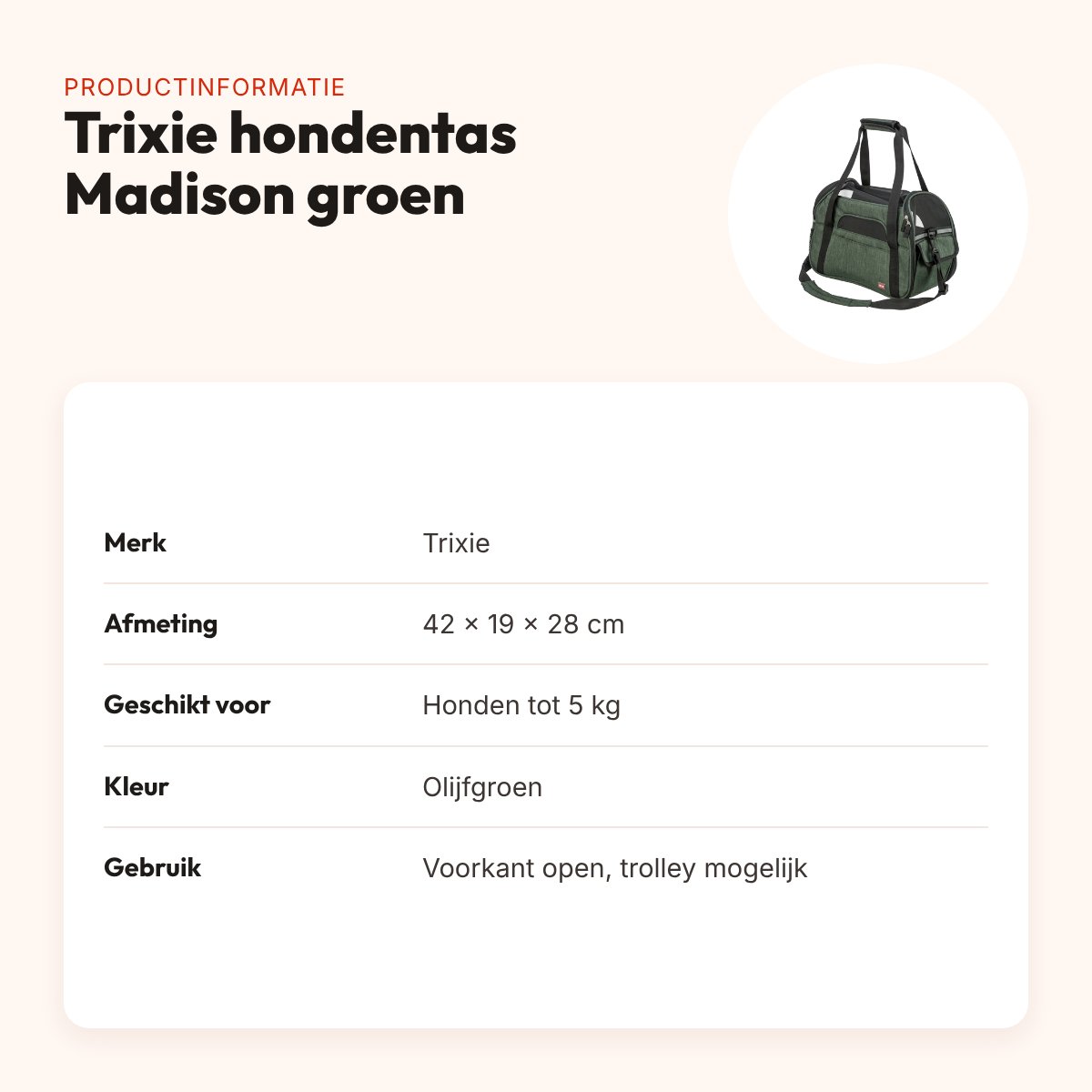 Trixie hondentas Madison olijfgroen 42 x 19 x 28 cm – tot 5 kg – productinformatie