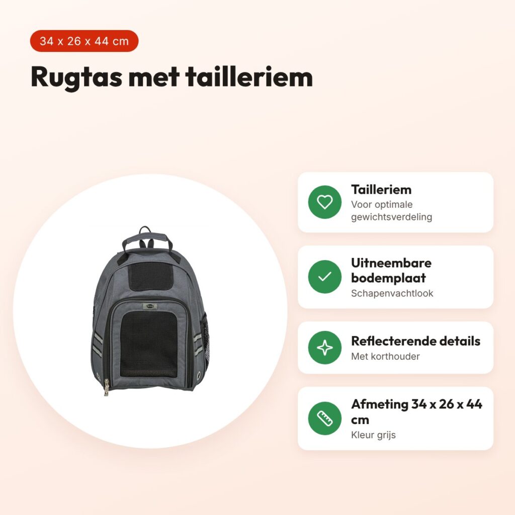 Trixie hondentas rugtas Dan grijs 34 x 26 x 44 cm – met tailleriem – voordelen