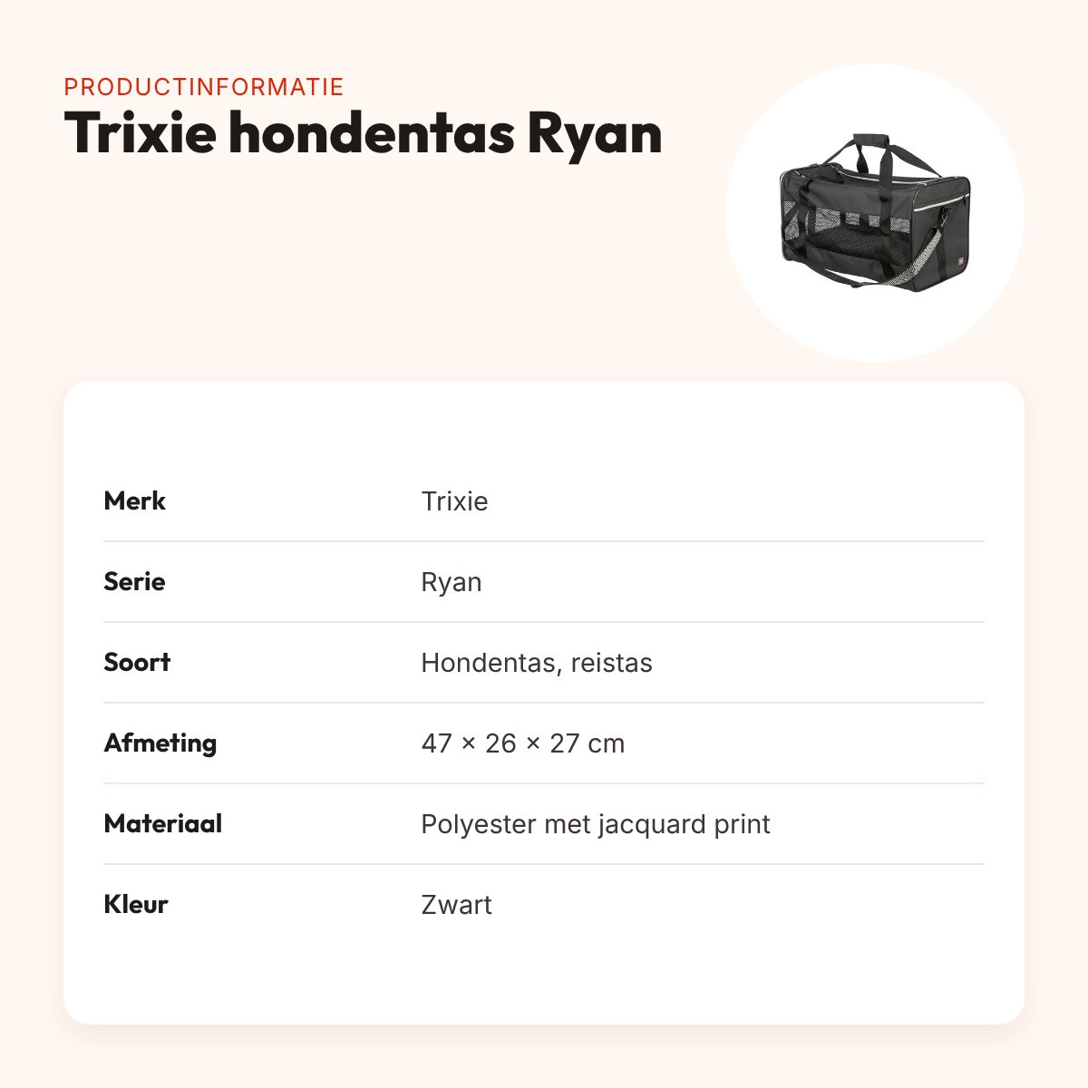 Trixie hondentas Ryan reistas zwart 47 x 26 x 27 cm – korthouder – productinformatie