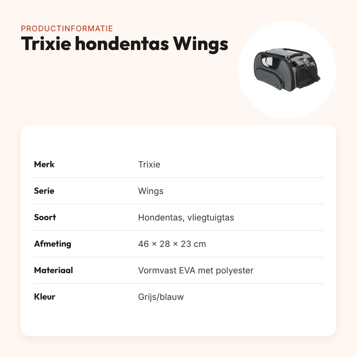 Trixie hondentas Wings vliegtuigtas grijs/blauw 46 x 28 x 23 cm – productinformatie