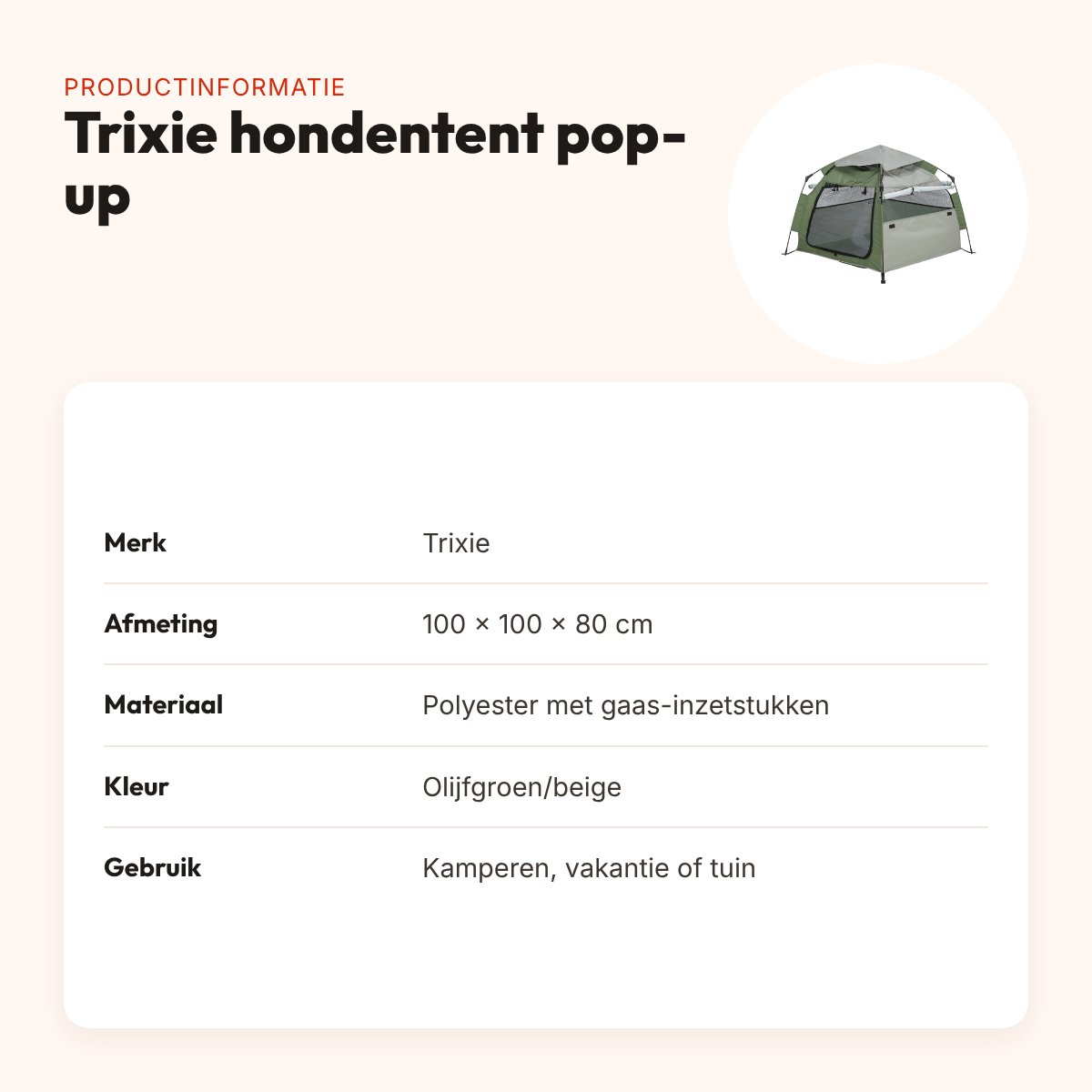 Trixie hondentent pop-up olijfgroen/beige 100 x 100 x 80 cm – productinformatie
