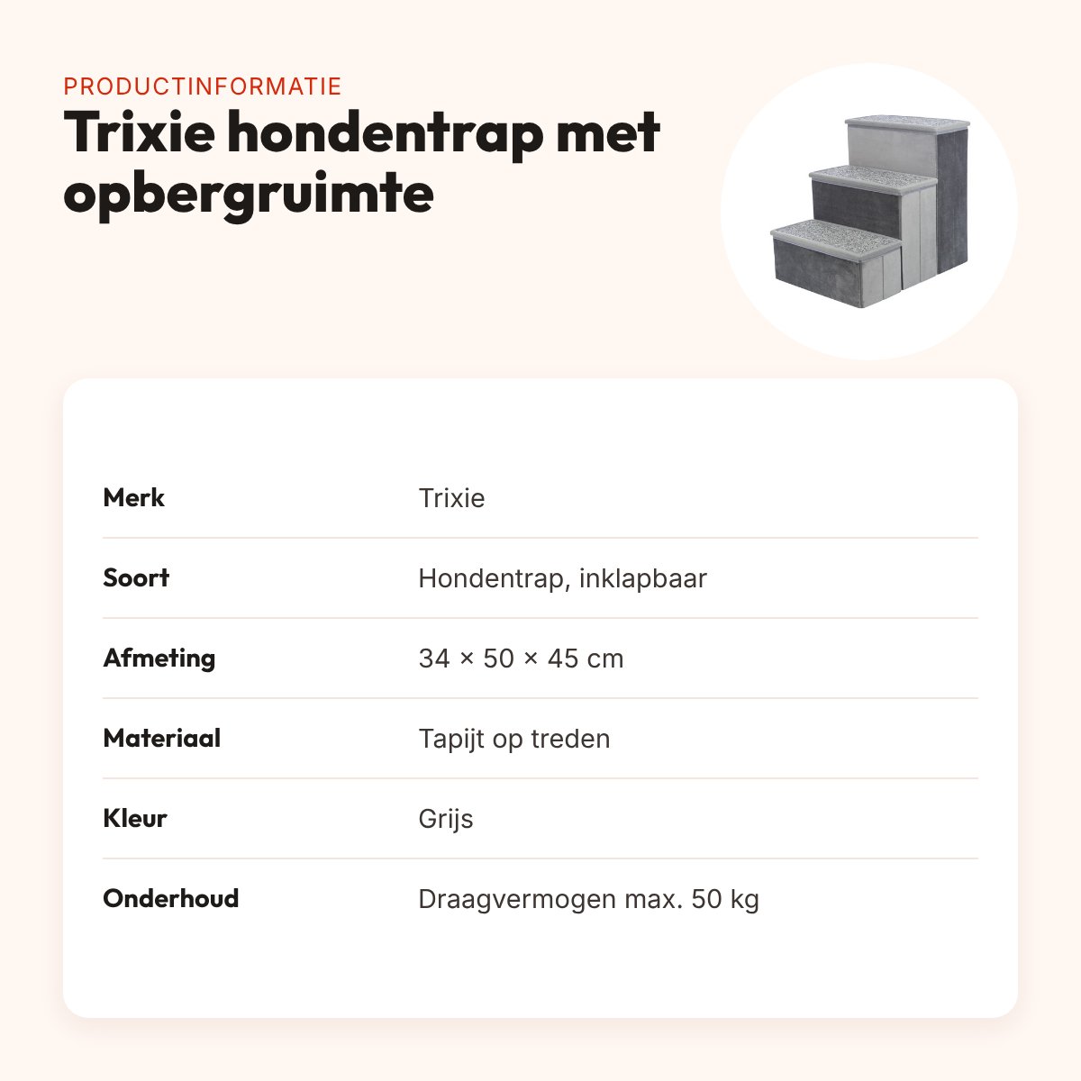 Trixie hondentrap met opbergruimte grijs 34 x 50 x 45 cm – inklapbaar – productinformatie
