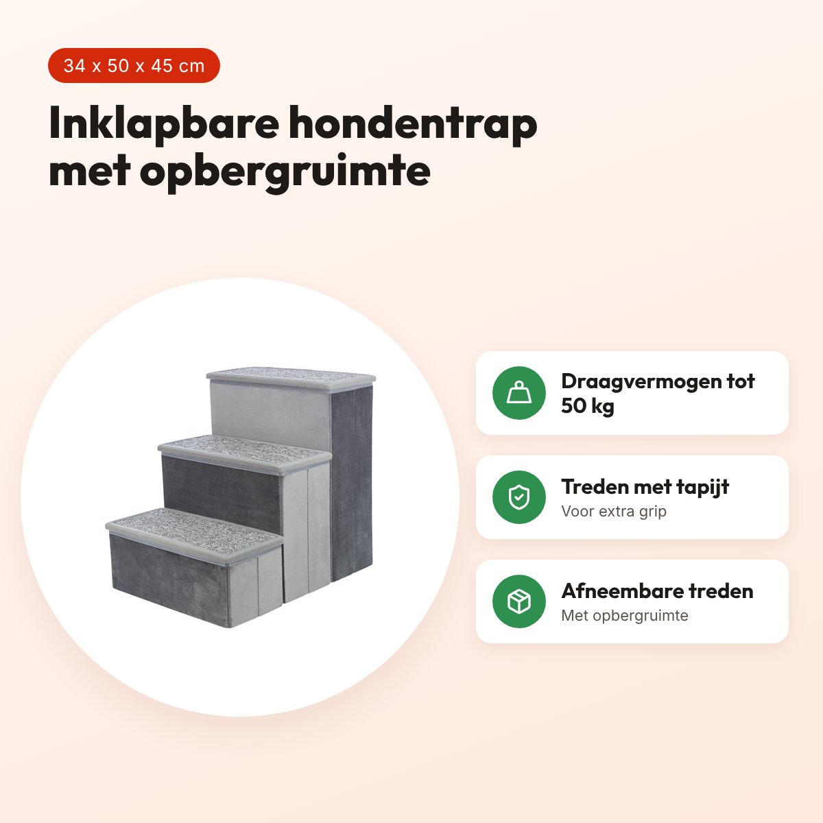 Trixie hondentrap met opbergruimte grijs 34 x 50 x 45 cm – inklapbaar – voordelen