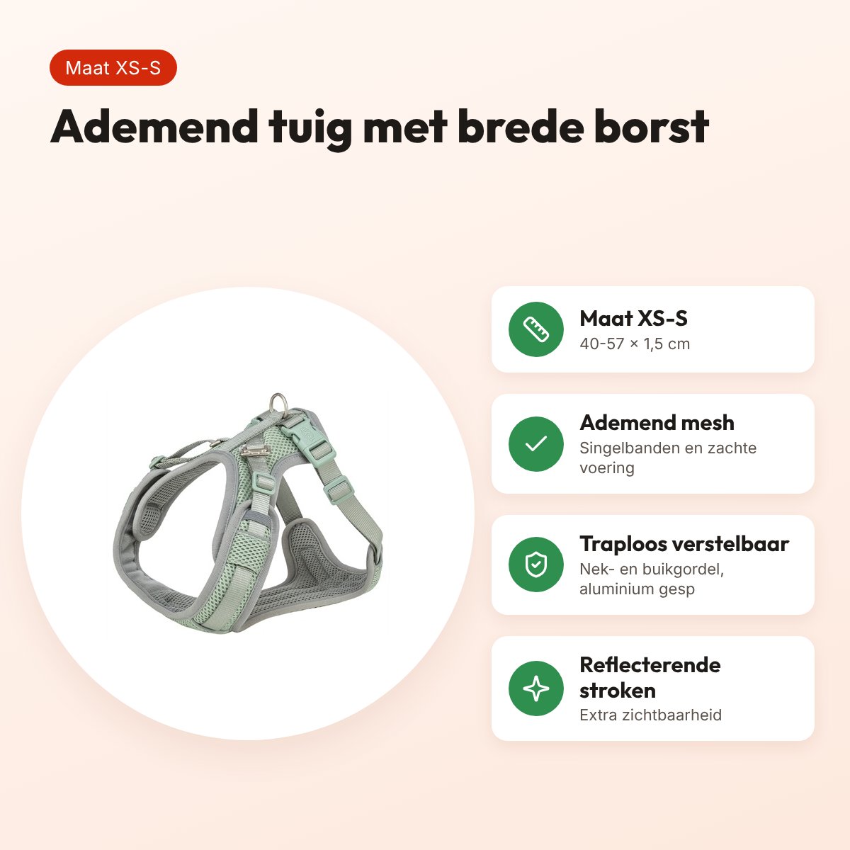 Trixie hondentuig Flexmesh brede borst saliegroen XS-S 40-57 x 1,5 cm – voordelen