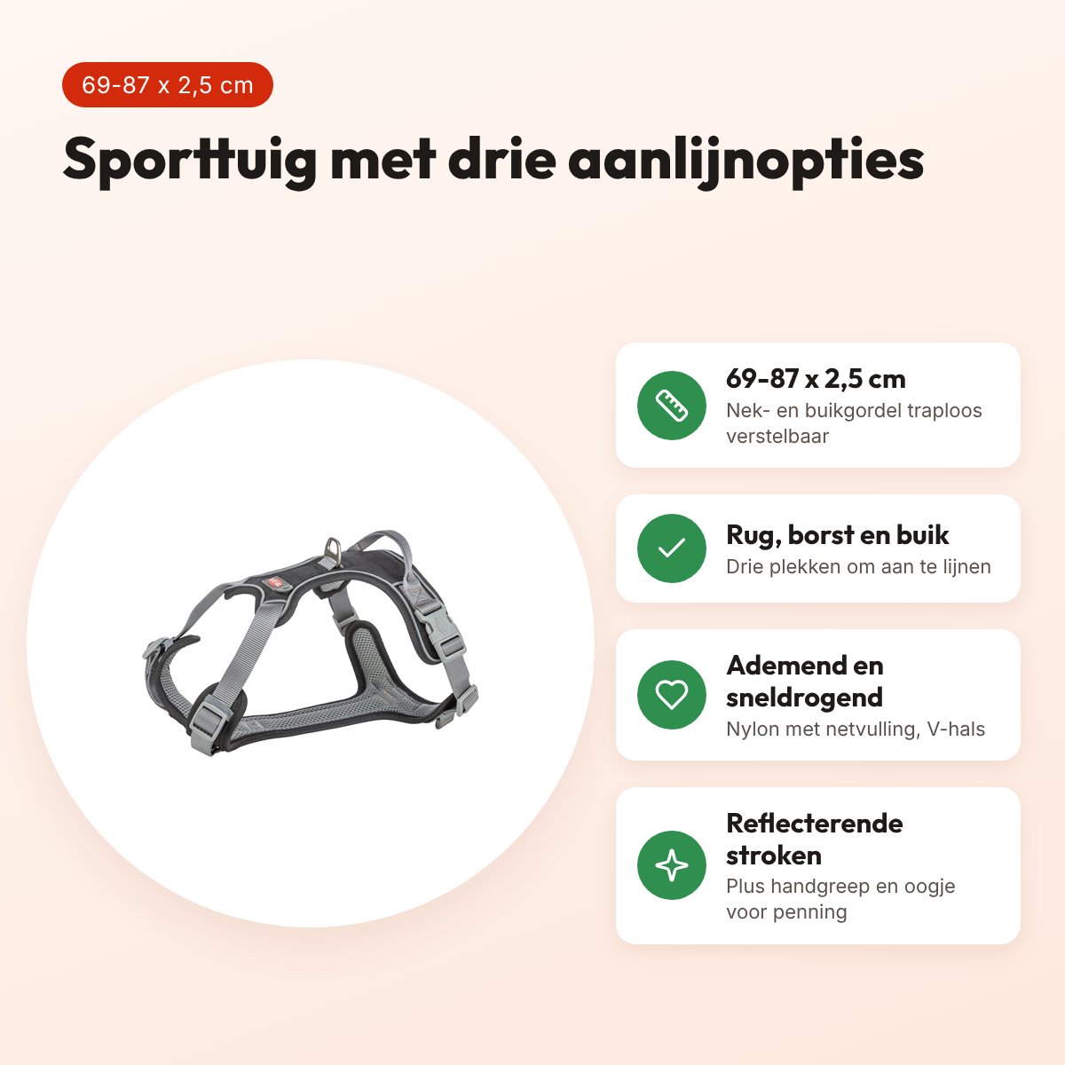 Trixie hondentuig Premium Active zwart 69-87 x 2,5 cm – voordelen