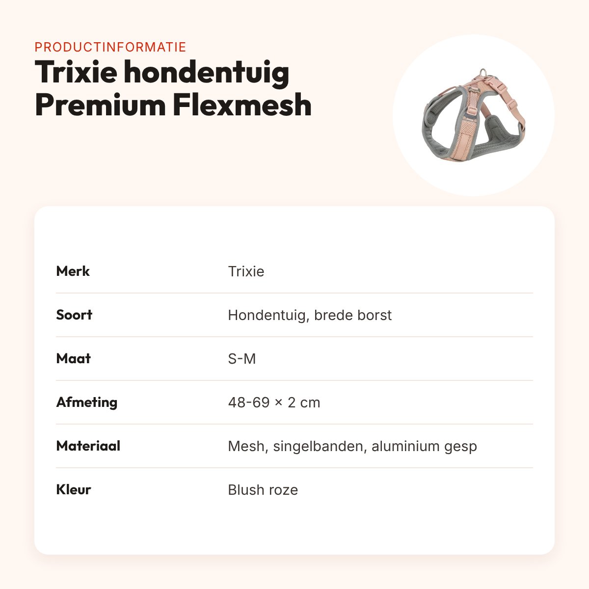 Trixie hondentuig Premium Flexmesh brede borst blush roze S-M 48-69 x 2 cm – productinformatie