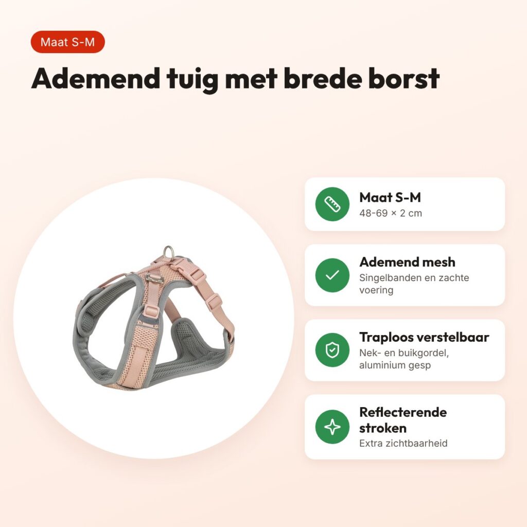 Trixie hondentuig Premium Flexmesh brede borst blush roze S-M 48-69 x 2 cm – voordelen