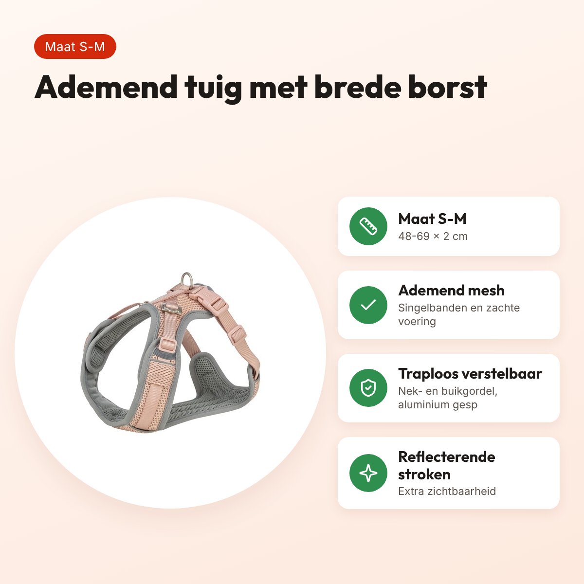 Trixie hondentuig Premium Flexmesh brede borst blush roze S-M 48-69 x 2 cm – voordelen