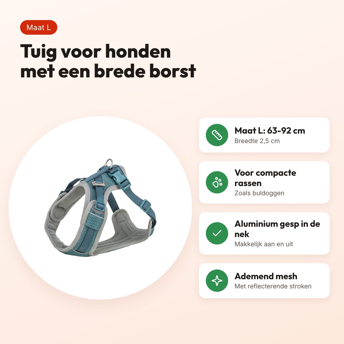 Trixie hondentuig Premium Flexmesh brede borst petrol L 63-92 x 2,5 cm – voordelen
