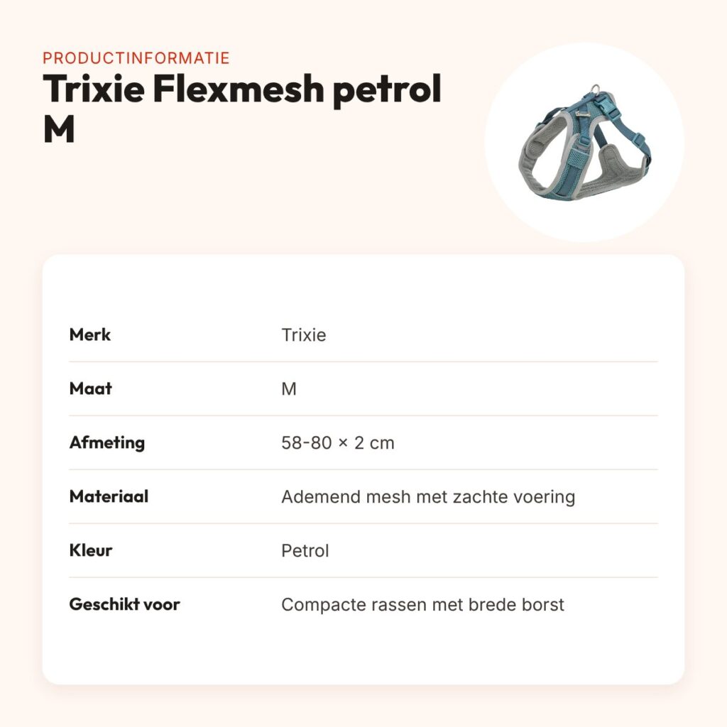 Trixie hondentuig Premium Flexmesh brede borst petrol M 58-80 x 2 cm – productinformatie
