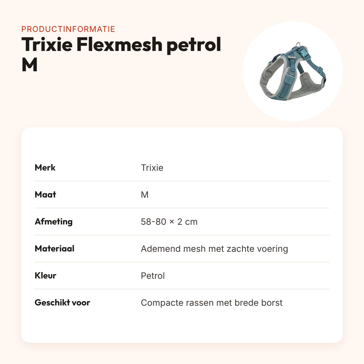 Trixie hondentuig Premium Flexmesh brede borst petrol M 58-80 x 2 cm – productinformatie