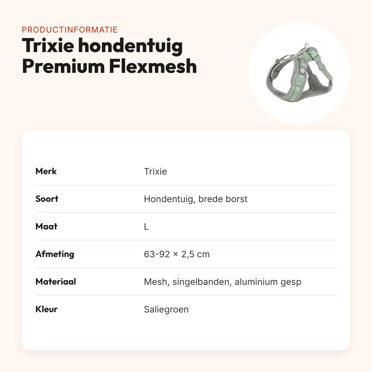 Trixie hondentuig Premium Flexmesh brede borst saliegroen L 63-92 x 2,5 cm – productinformatie