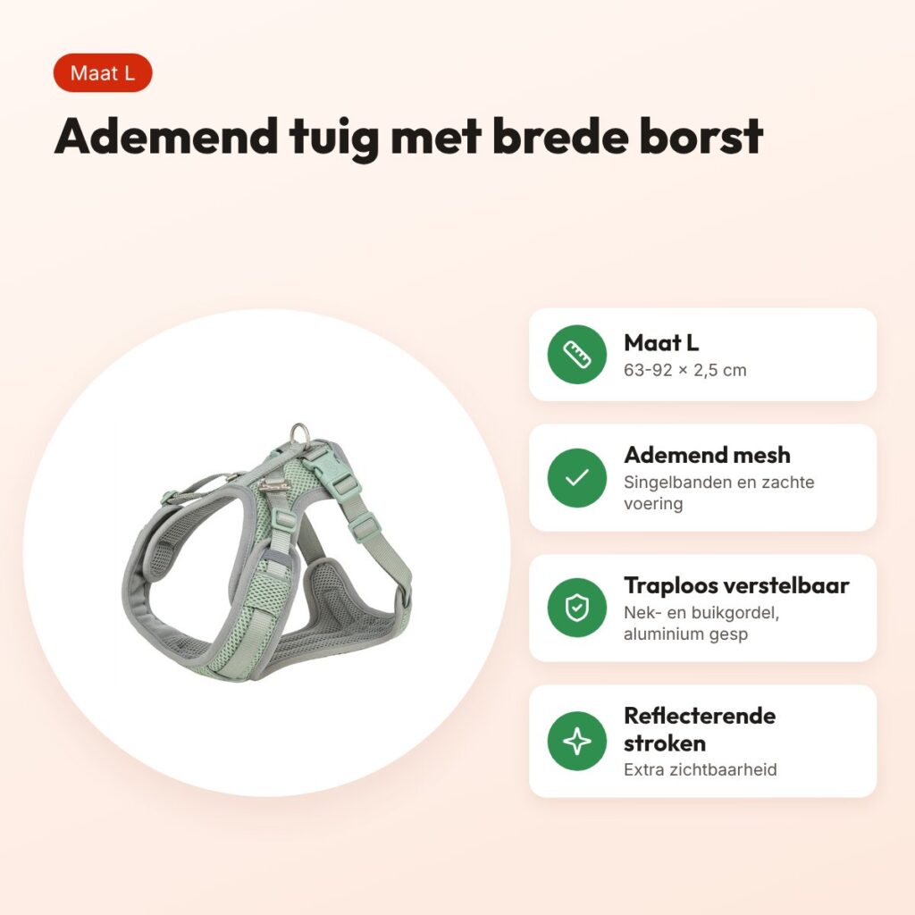 Trixie hondentuig Premium Flexmesh brede borst saliegroen L 63-92 x 2,5 cm – voordelen