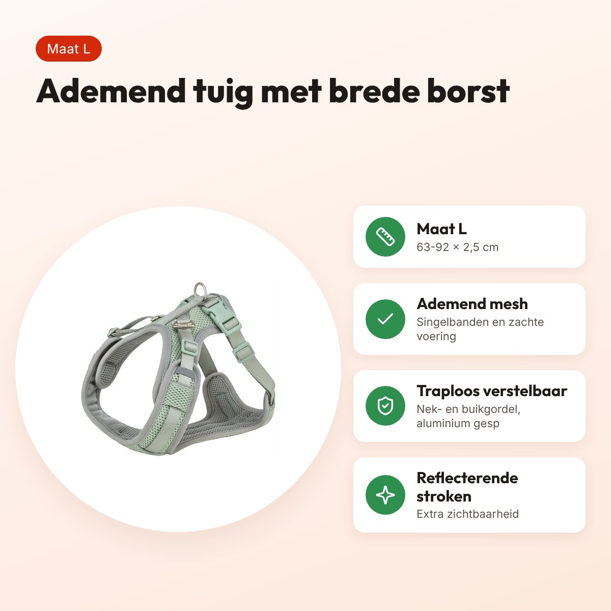 Trixie hondentuig Premium Flexmesh brede borst saliegroen L 63-92 x 2,5 cm – voordelen