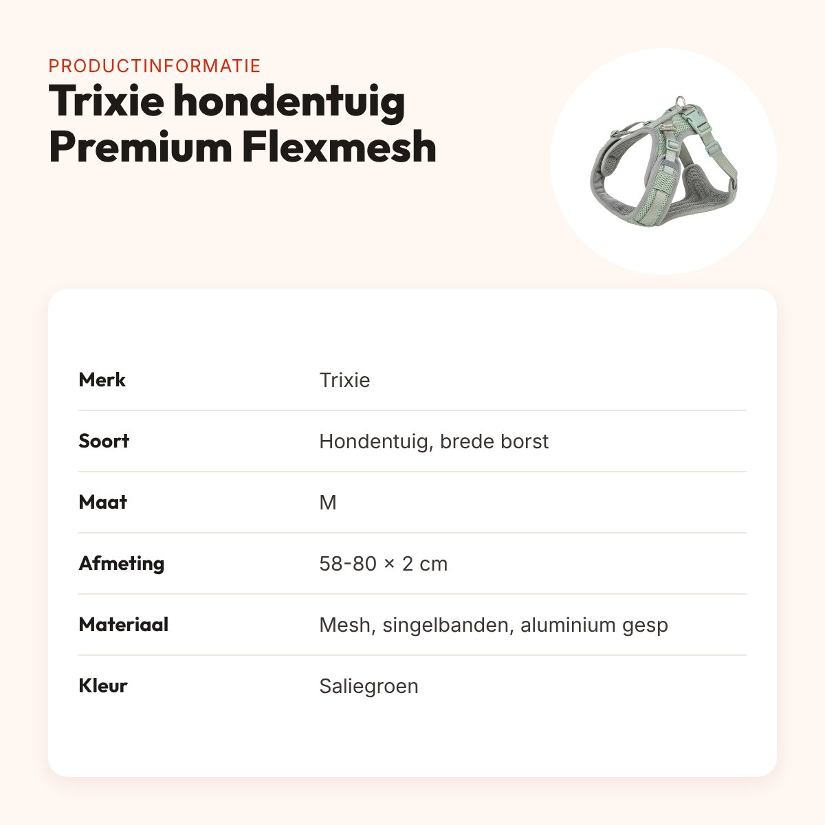 Trixie hondentuig Premium Flexmesh brede borst saliegroen M 58-80 x 2 cm – productinformatie