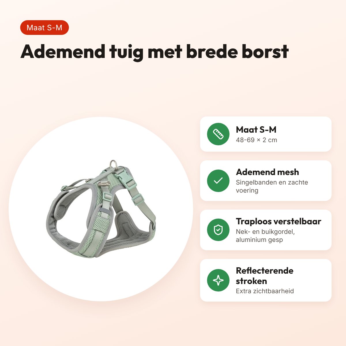Trixie hondentuig Premium Flexmesh brede borst saliegroen S-M 48-69 x 2 cm – voordelen