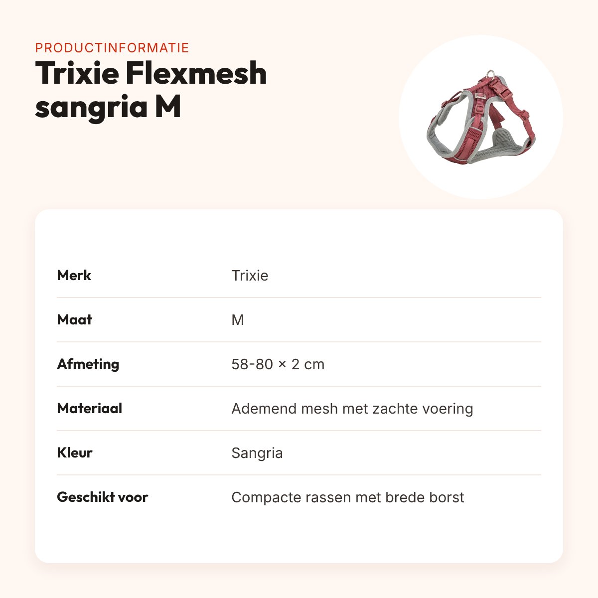 Trixie hondentuig Premium Flexmesh brede borst sangria M 58-80 x 2 cm – productinformatie