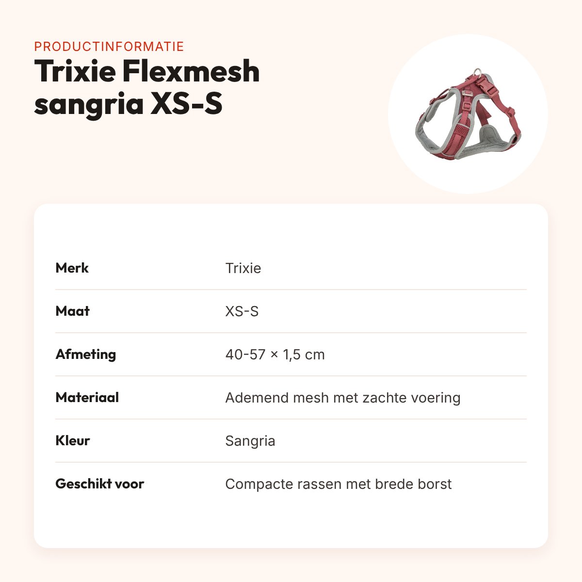 Trixie hondentuig Premium Flexmesh brede borst sangria XS-S 40-57 x 1,5 cm – productinformatie