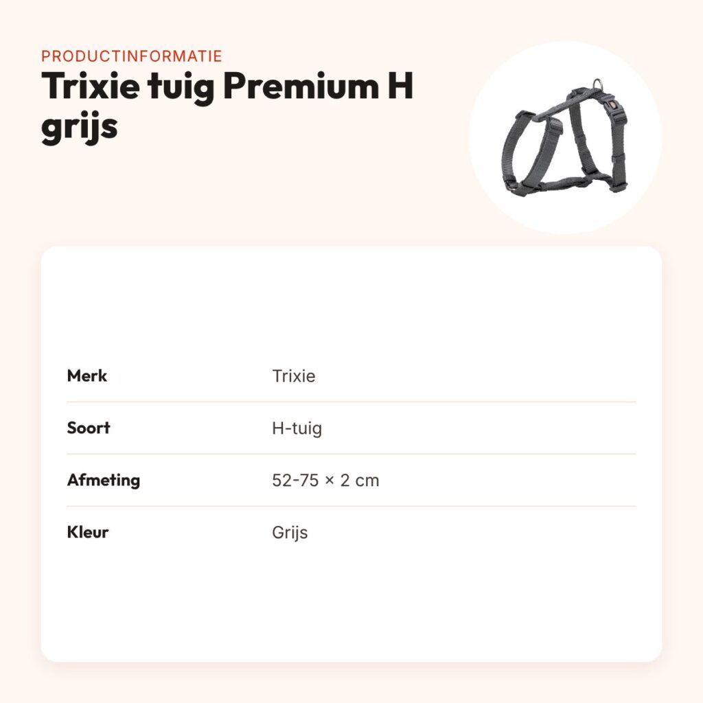 Trixie hondentuig Premium H grijs 52-75 x 2 cm – verstelbaar – productinformatie