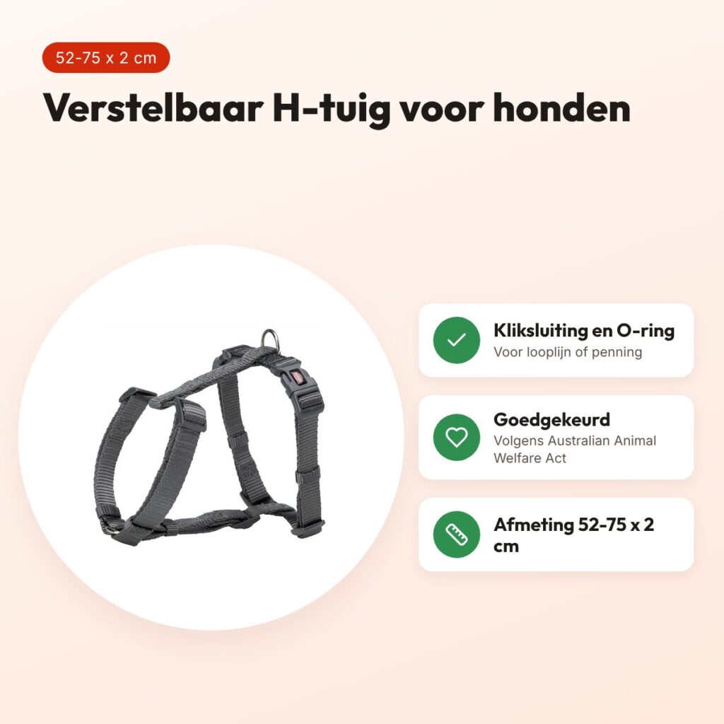Trixie hondentuig Premium H grijs 52-75 x 2 cm – verstelbaar – voordelen