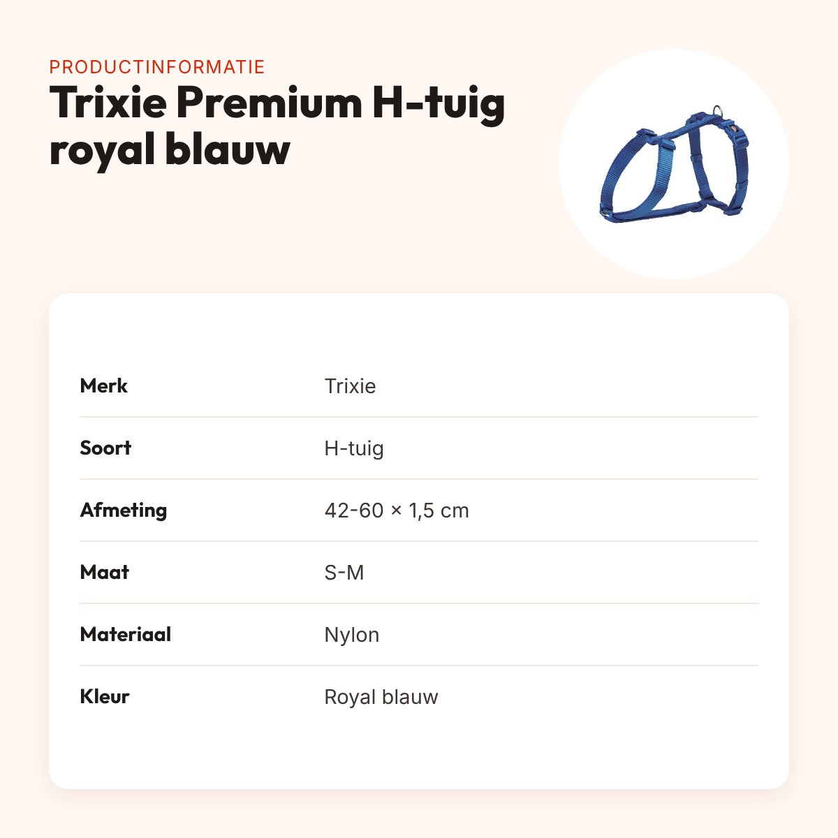 Trixie hondentuig Premium H-tuig royal blauw 42-60 x 1,5 cm – maat S-M – productinformatie