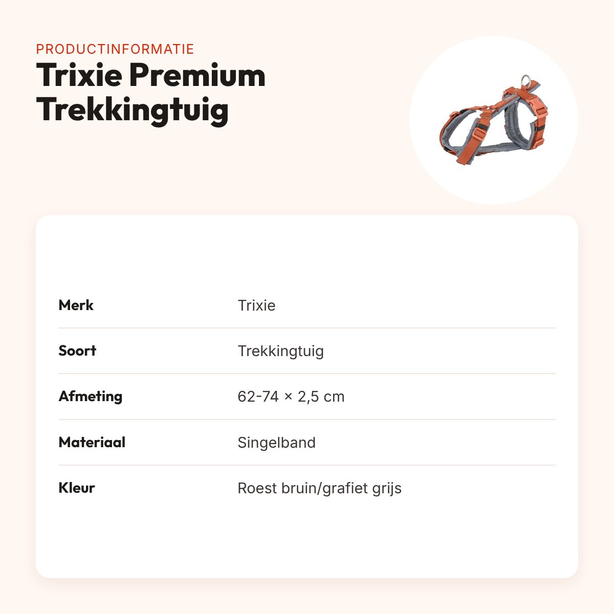 Trixie hondentuig Premium Trekking roest bruin/grafiet grijs 62-74 x 2,5 cm – productinformatie