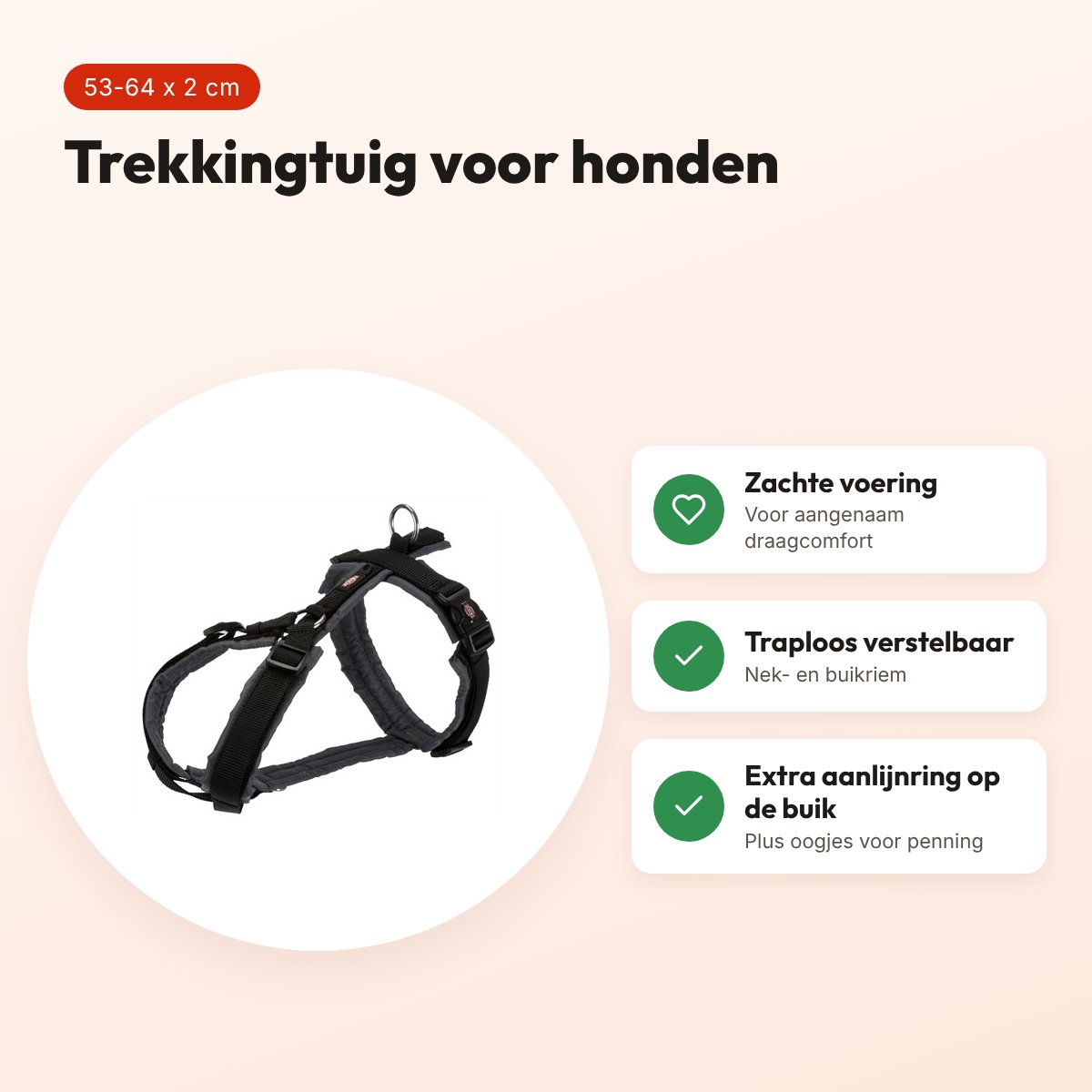 Trixie hondentuig Premium Trekking zwart/grijs 53-64 cm – gevoerd – voordelen