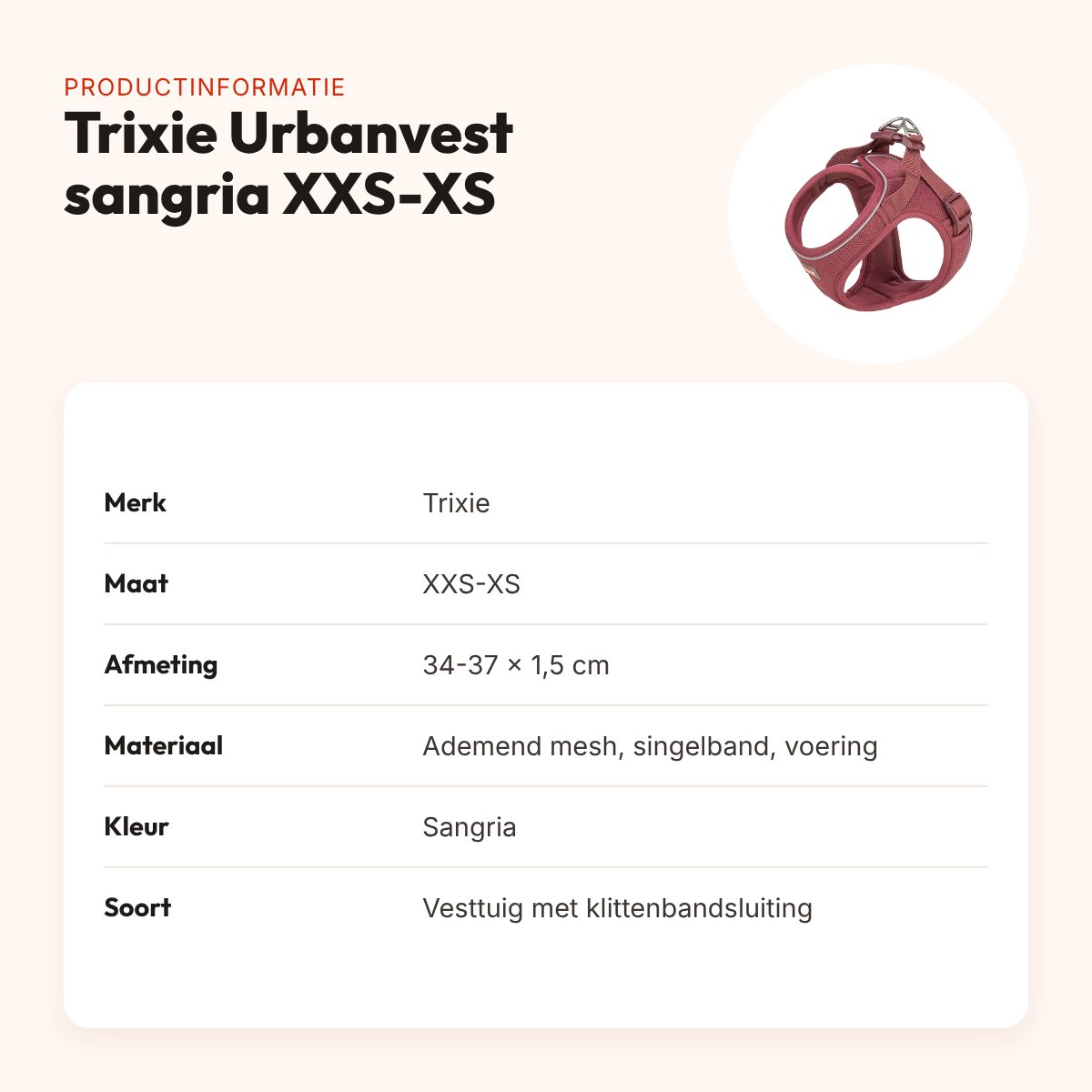 Trixie hondentuig Urbanvest mesh sangria XXS-XS 34-37 x 1,5 cm – productinformatie