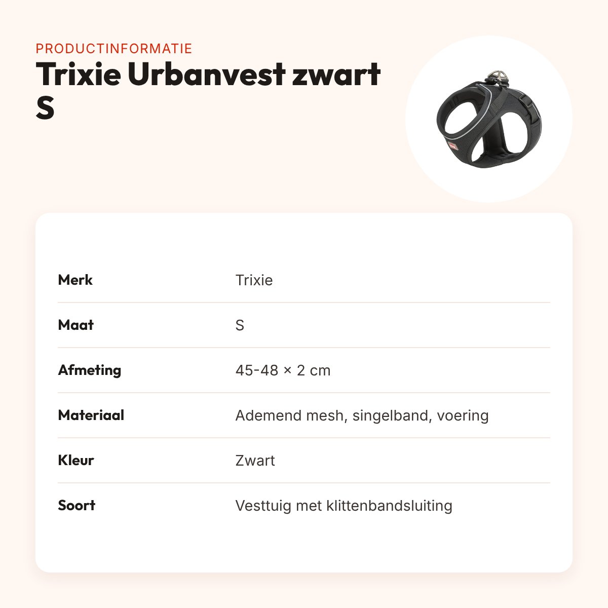 Trixie hondentuig Urbanvest mesh zwart S 45-48 x 2 cm – productinformatie
