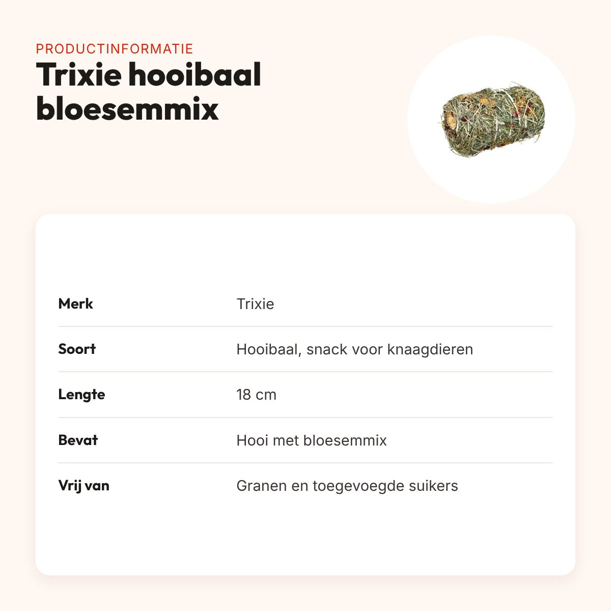 Trixie hooibaal bloesemmix 18 cm – graanvrije snack – productinformatie