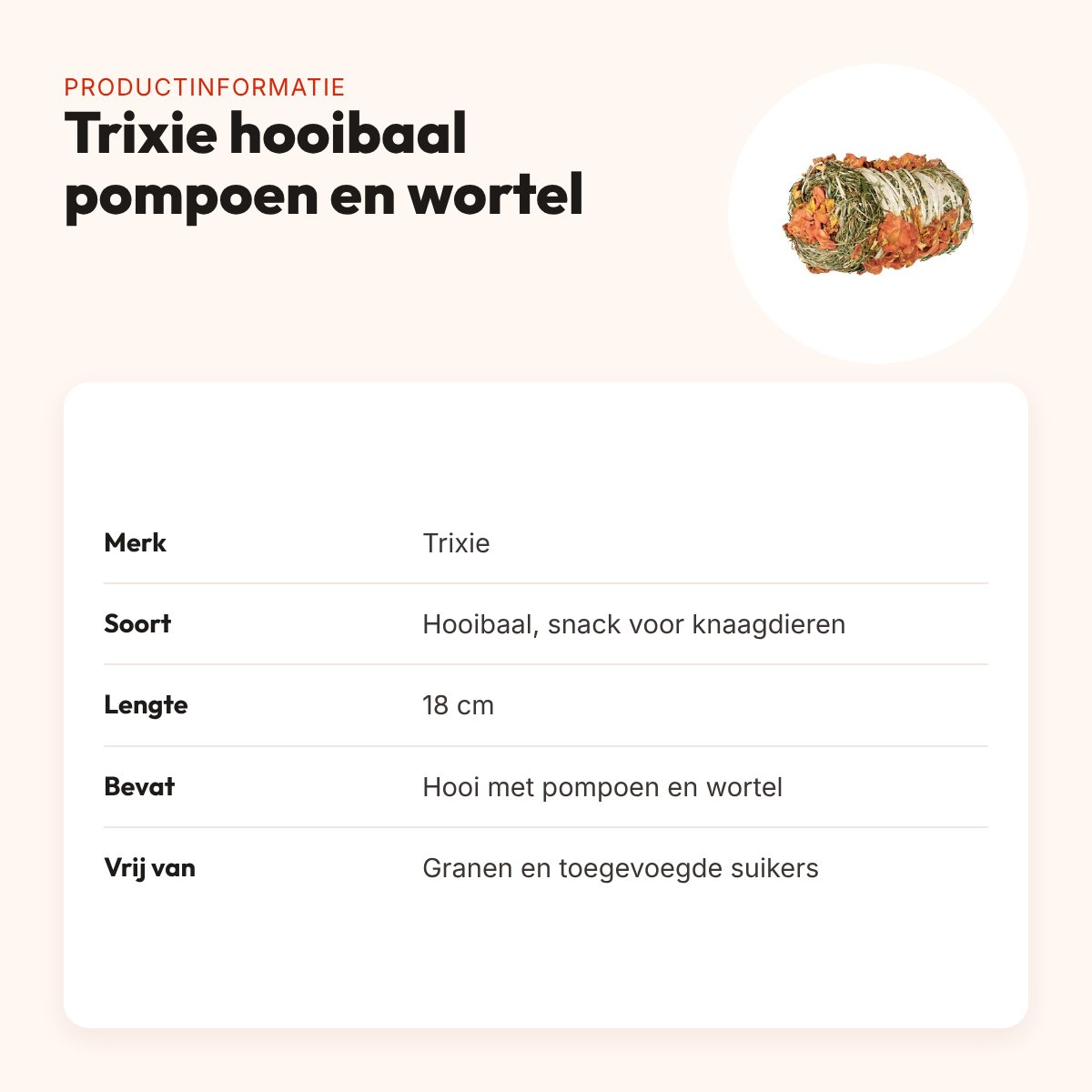 Trixie hooibaal pompoen en wortel 18 cm – graanvrije snack – productinformatie