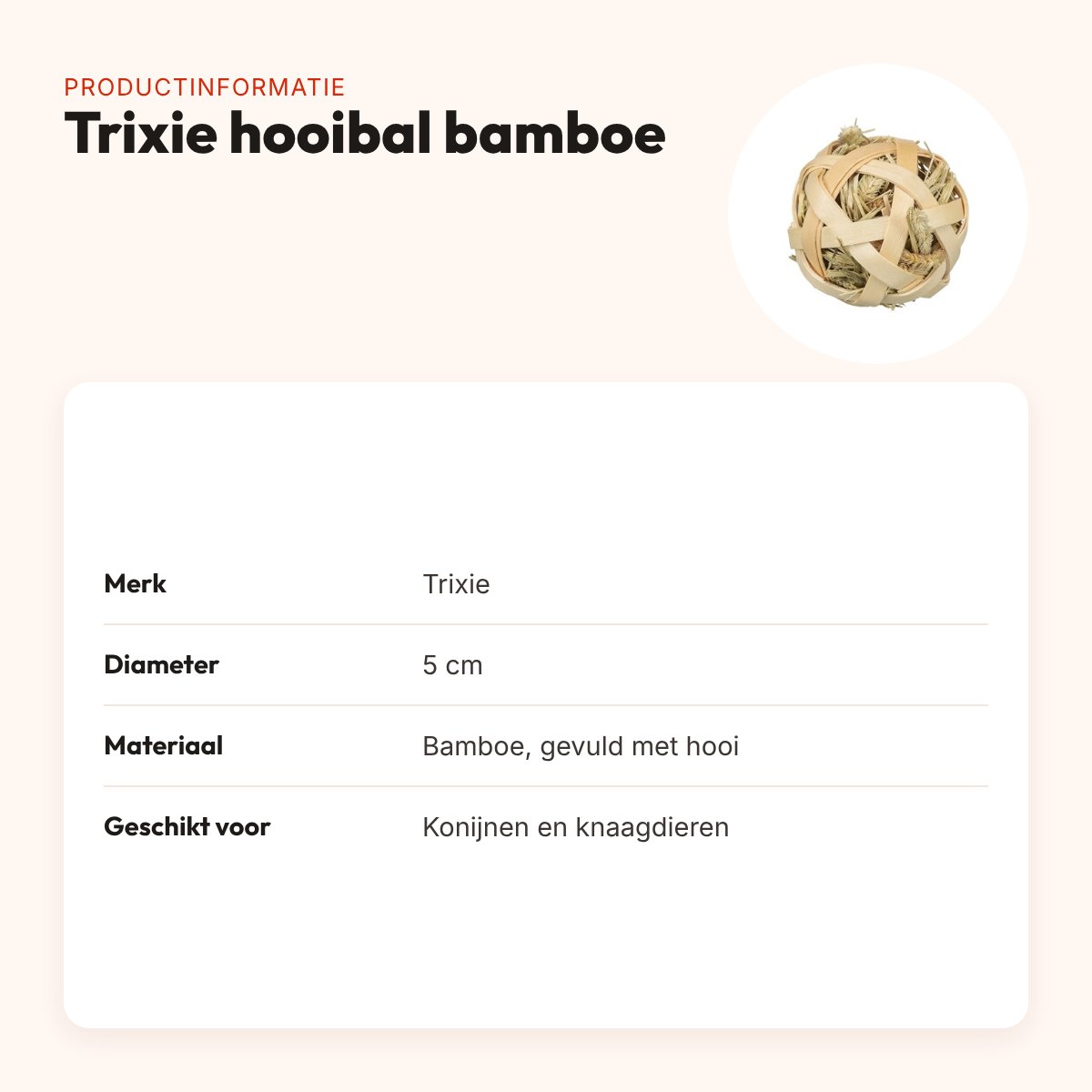 Trixie hooibal van bamboe 5 cm – knaagspeelgoed gevuld met hooi – productinformatie